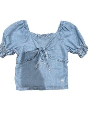 Guess Kids Blue Chambray Puff Sleeve Tie-Front Blouse Size 14 Very